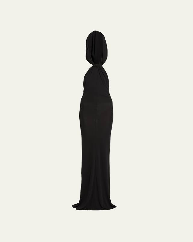 Hooded Open-Back Long Column Gown